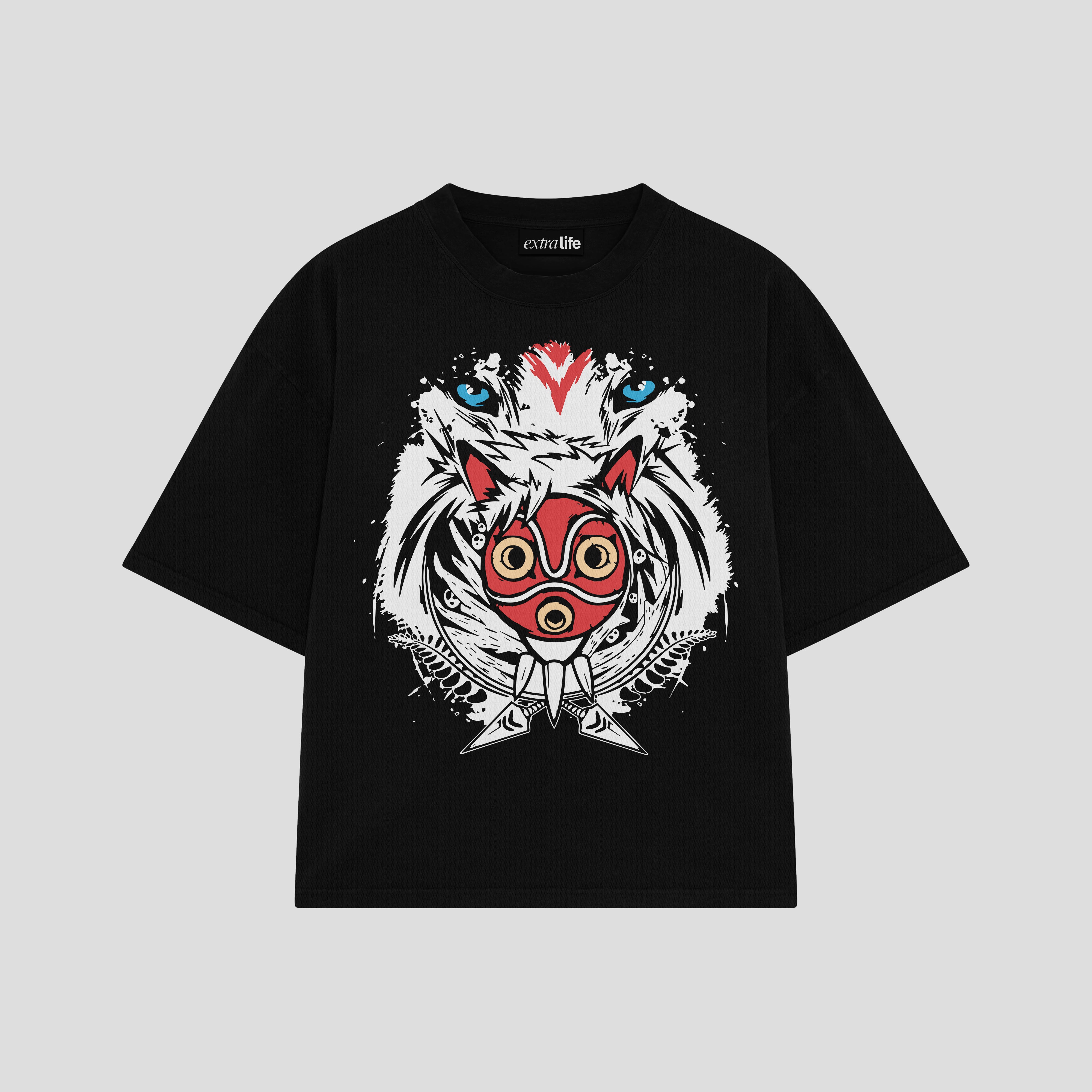 Playera streetwear premium de anime y gaming ExtraLife MX, corte boxy oversized drop shoulder heavyweight en color Deep Black y Off-White, moda urbana mexicana de culto.