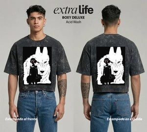 Playera streetwear premium de anime y gaming ExtraLife MX, corte boxy deluxe mineral wash heavyweight en color Acid Wash, moda urbana mexicana de culto.