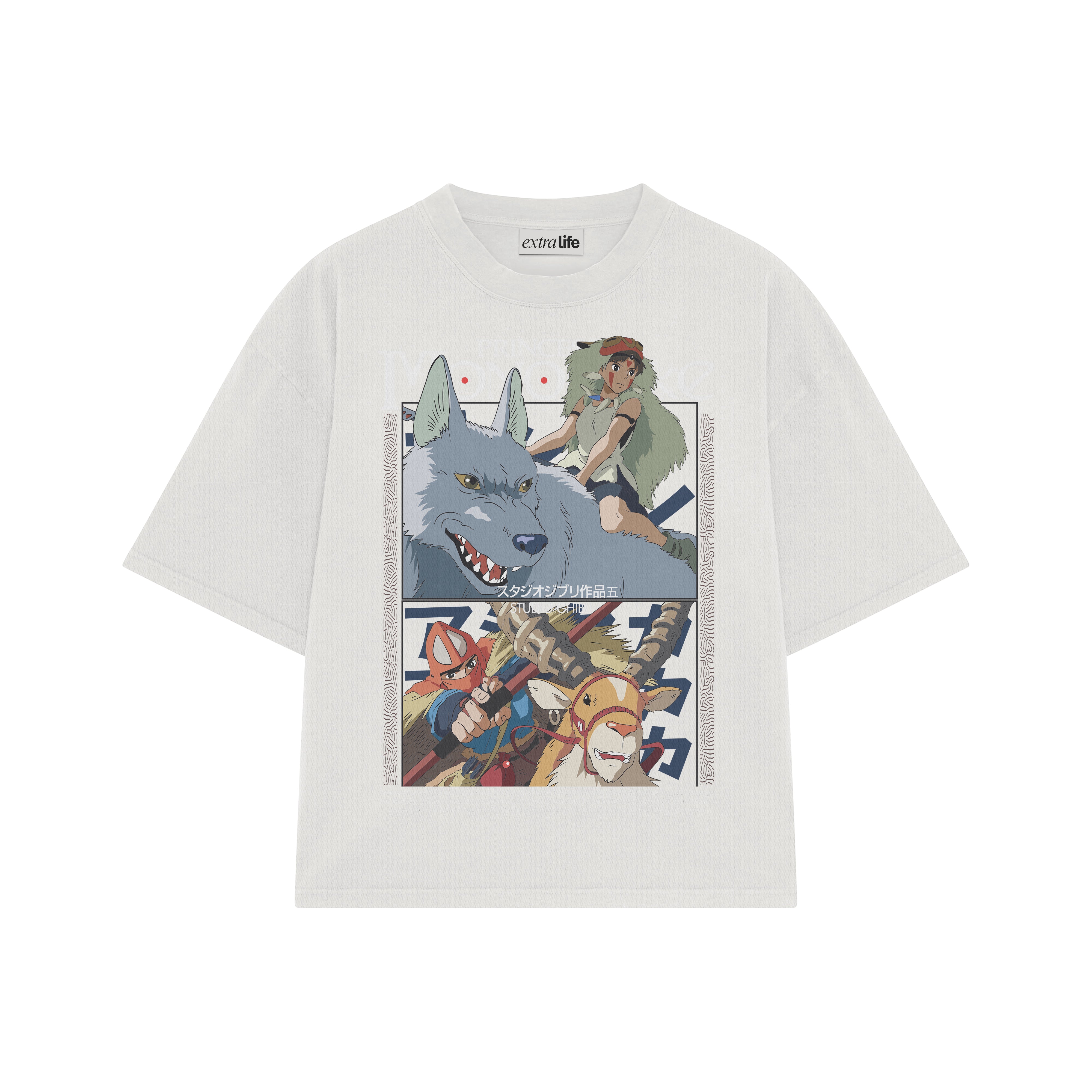 Playera streetwear premium de anime y gaming ExtraLife MX, corte boxy oversized drop shoulder heavyweight en color Deep Black y Off-White, moda urbana mexicana de culto.