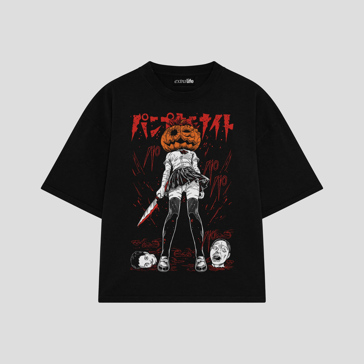 Playera streetwear premium de anime y gaming ExtraLife MX, corte oversized drop shoulder ligero y fresco en color Deep Black y Off-White, moda urbana mexicana de culto.