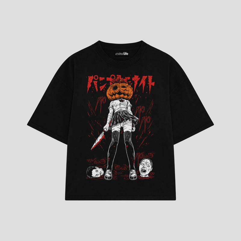 Playera streetwear premium de anime y gaming ExtraLife MX, corte boxy oversized drop shoulder heavyweight en color Deep Black y Off-White, moda urbana mexicana de culto.