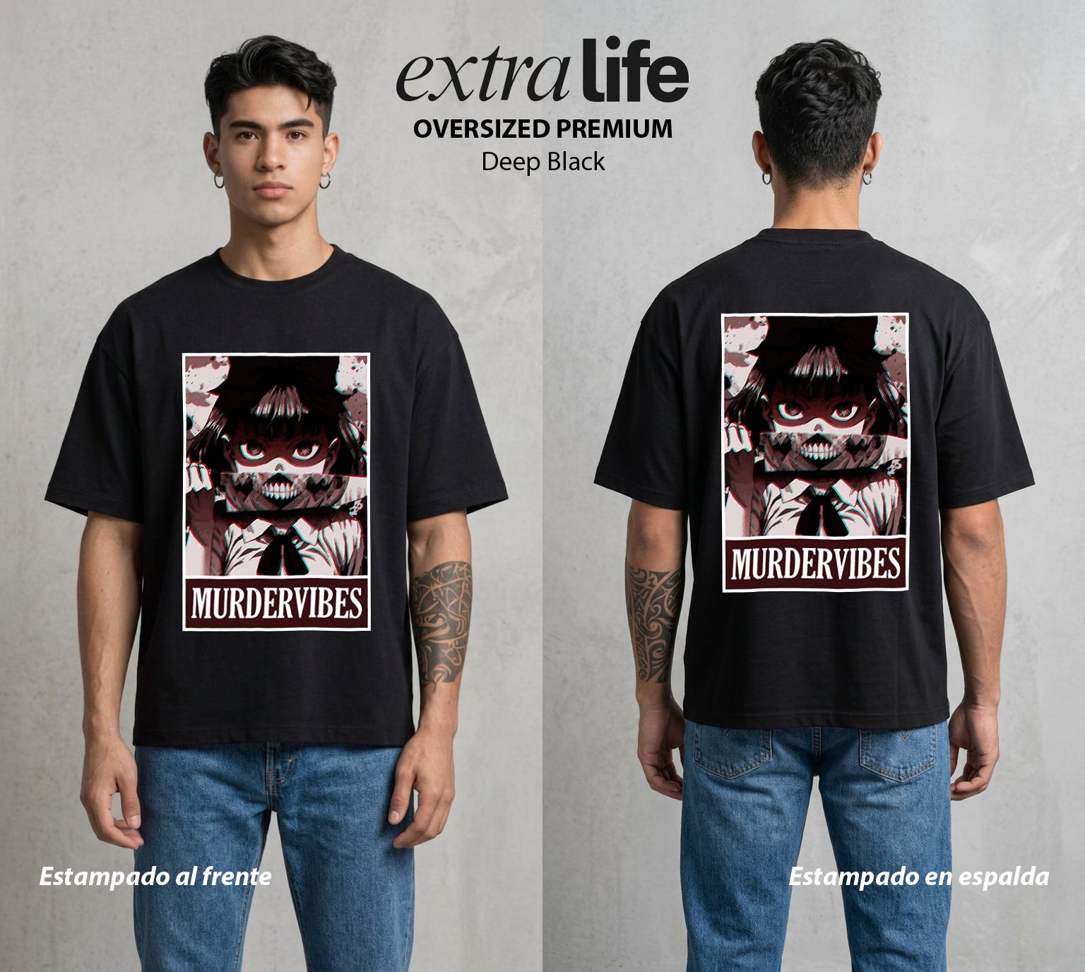 La Noche de la Calabaza | Las Vibraciones del Mal #03591 - Playera Oversized Premium | Deep Black - Foto en modelo