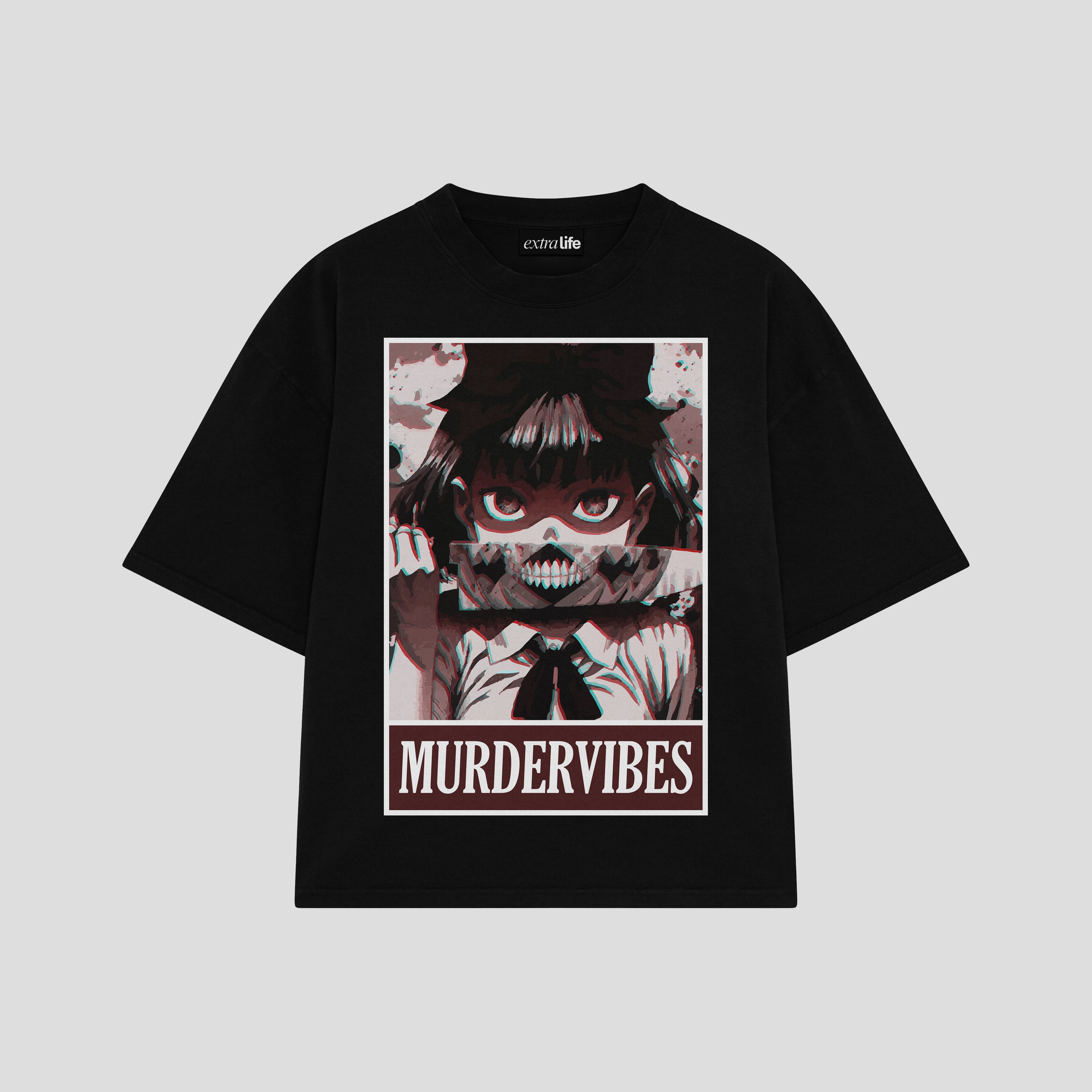 Playera streetwear premium de anime y gaming ExtraLife MX, corte boxy oversized drop shoulder heavyweight en color Deep Black y Off-White, moda urbana mexicana de culto.