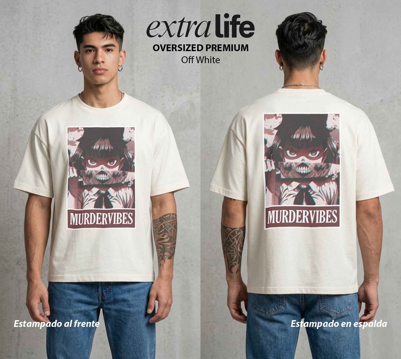 La Noche de la Calabaza | Las Vibraciones del Mal #03591 - Playera Oversized Premium | Off White - Foto en modelo