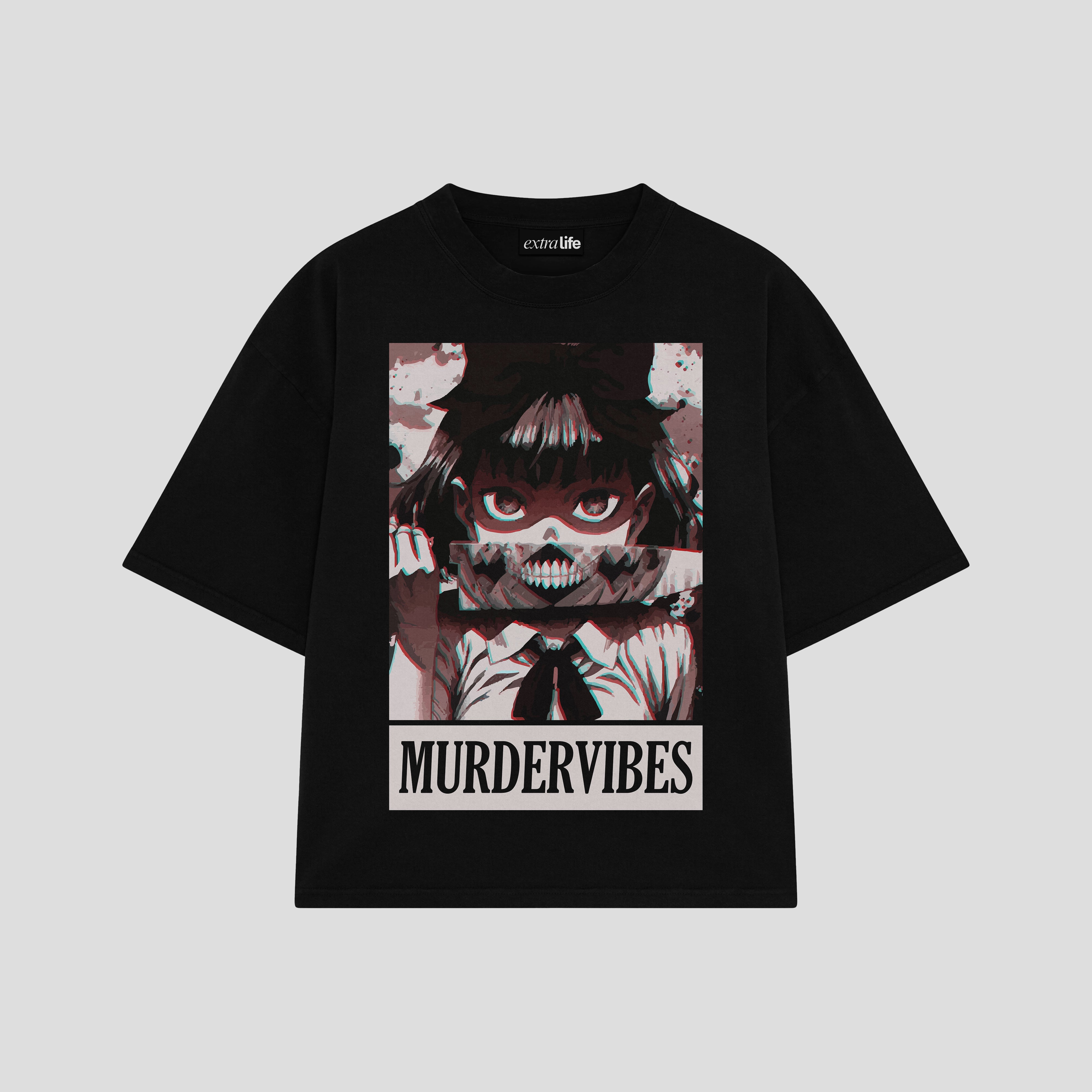 Playera streetwear premium de anime y gaming ExtraLife MX, corte boxy oversized drop shoulder heavyweight en color Deep Black y Off-White, moda urbana mexicana de culto.