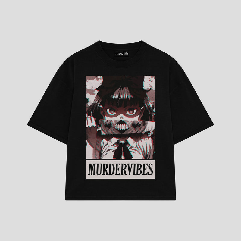 Playera streetwear premium de anime y gaming ExtraLife MX, corte boxy oversized drop shoulder heavyweight en color Deep Black y Off-White, moda urbana mexicana de culto.