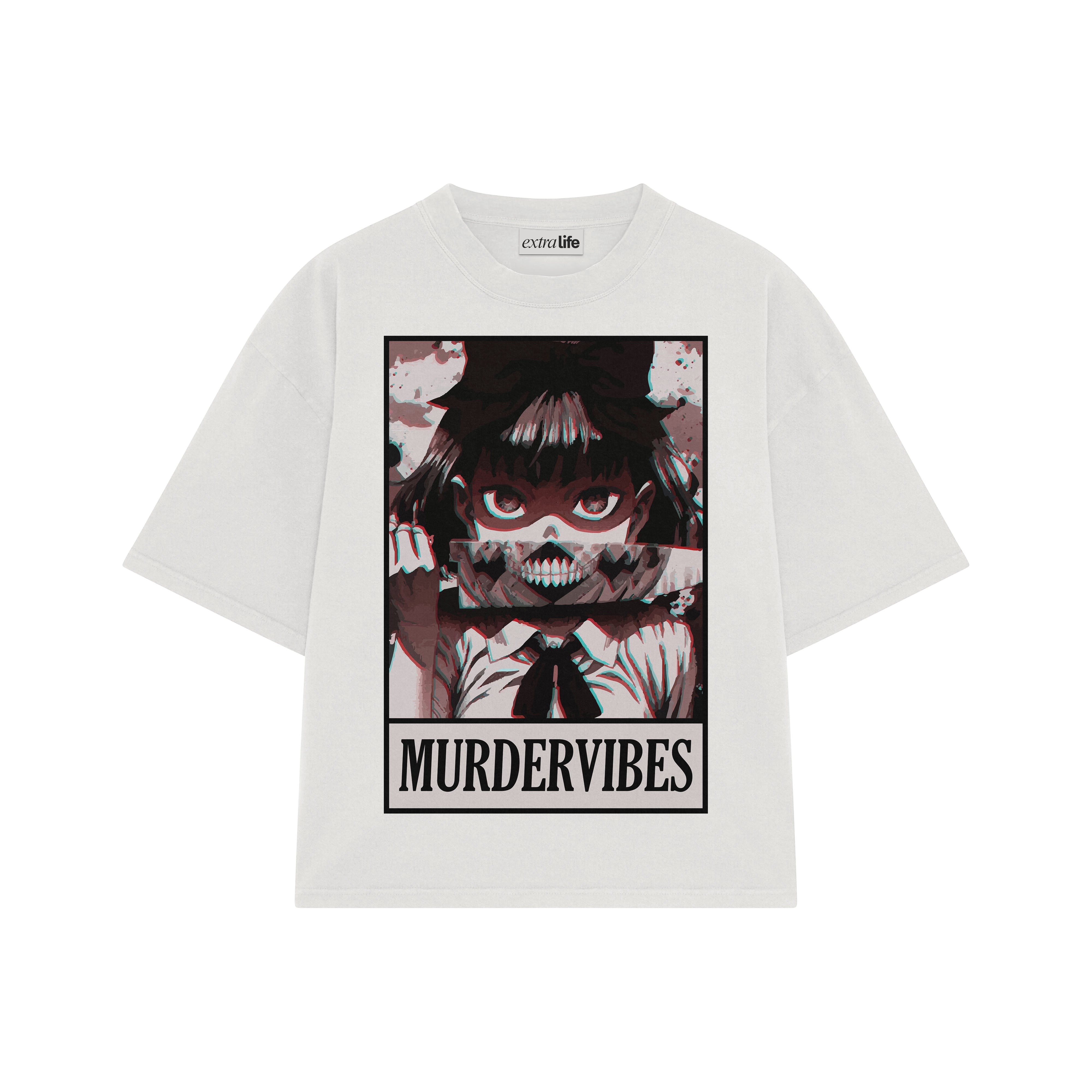 Playera streetwear premium de anime y gaming ExtraLife MX, corte boxy oversized drop shoulder heavyweight en color Deep Black y Off-White, moda urbana mexicana de culto.