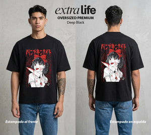 La Noche de la Calabaza | El Trauma del Bien #03593 - Playera Oversized Premium | Deep Black - Foto en modelo