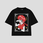 Playera streetwear premium de anime y gaming ExtraLife MX, corte boxy oversized drop shoulder heavyweight en color Deep Black y Off-White, moda urbana mexicana de culto.