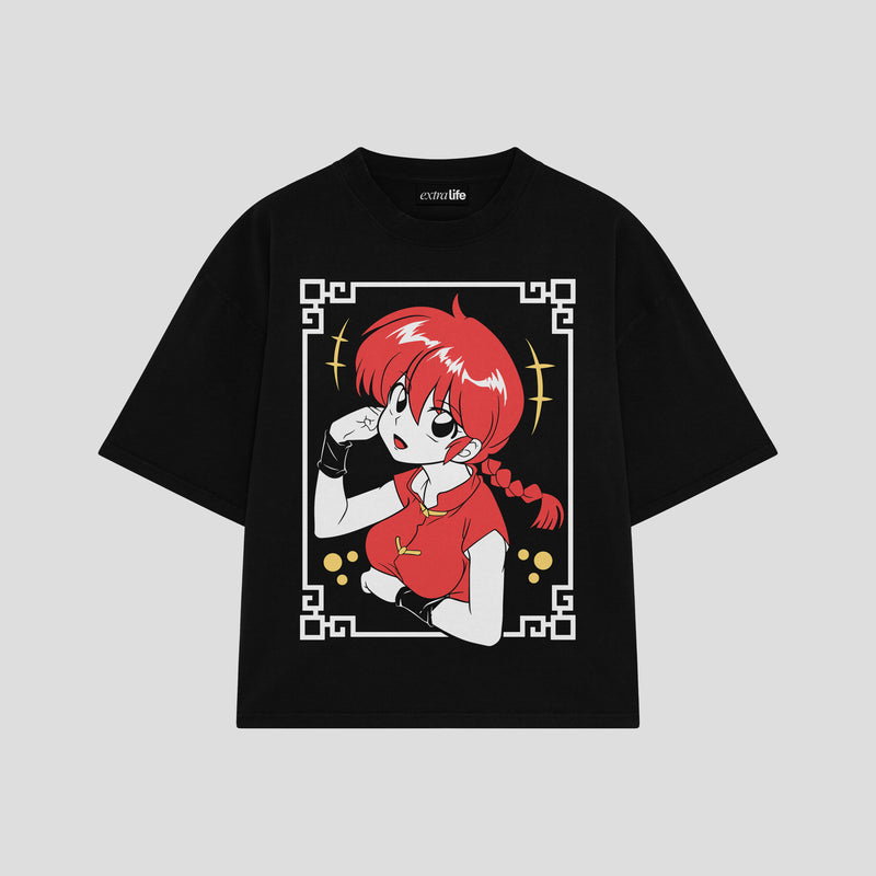 Playera streetwear premium de anime y gaming ExtraLife MX, corte boxy oversized drop shoulder heavyweight en color Deep Black y Off-White, moda urbana mexicana de culto.