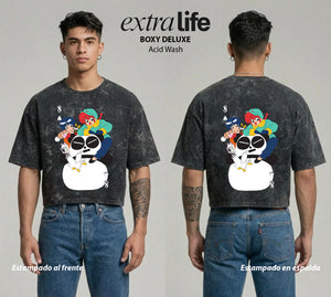 Playera streetwear premium de anime y gaming ExtraLife MX, corte boxy deluxe mineral wash heavyweight en color Acid Wash, moda urbana mexicana de culto.