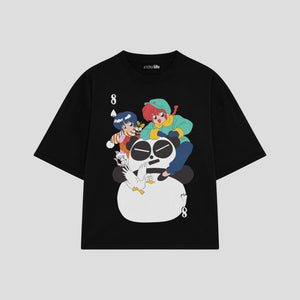 Playera streetwear premium de anime y gaming ExtraLife MX, corte boxy oversized drop shoulder heavyweight en color Deep Black y Off-White, moda urbana mexicana de culto.