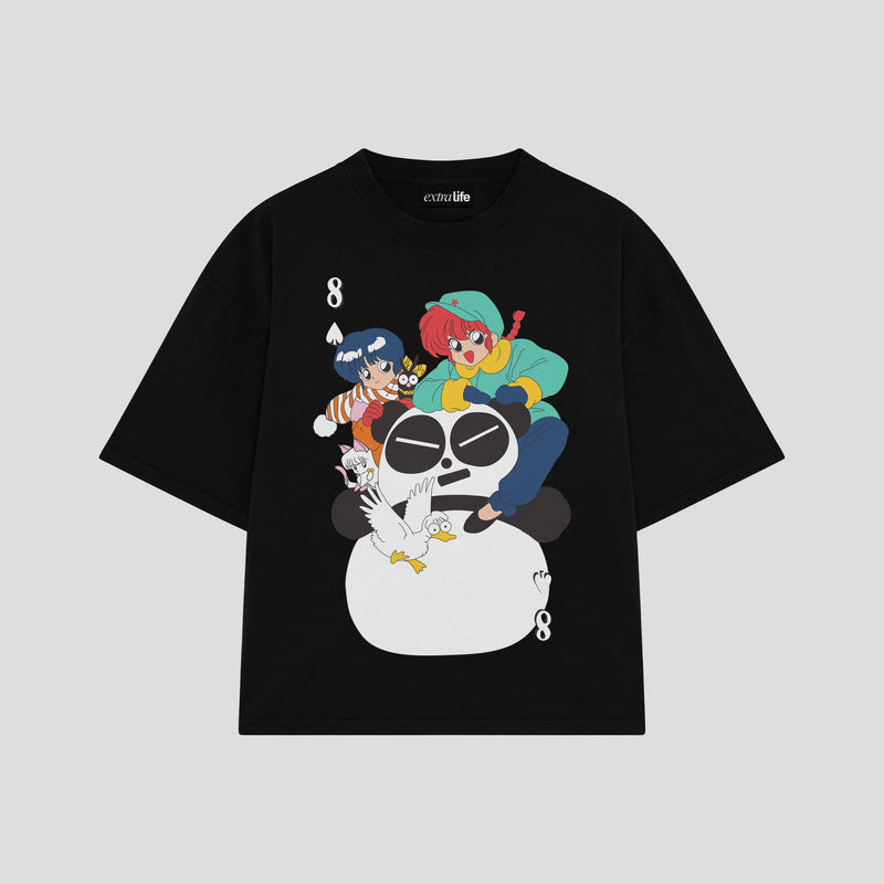 Playera streetwear premium de anime y gaming ExtraLife MX, corte boxy oversized drop shoulder heavyweight en color Deep Black y Off-White, moda urbana mexicana de culto.