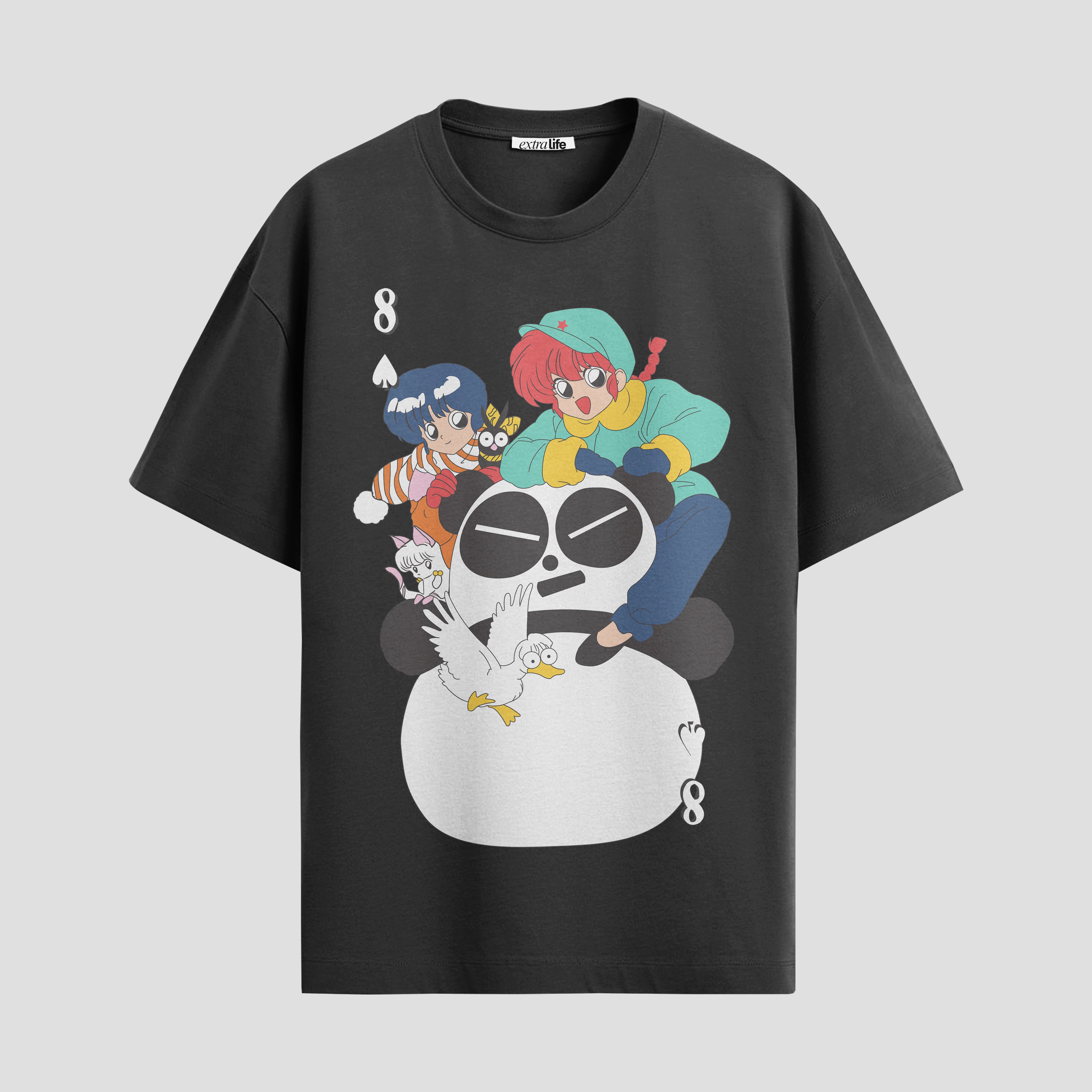 Playera urbana de anime y gaming ExtraLife MX, corte Standard Fit unisex ligero y transpirable en color Deep Black y Pure White, ropa de uso diario para gym y casual.