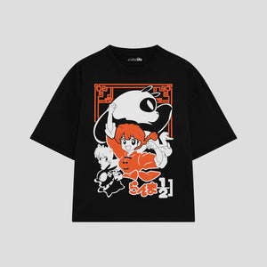 Playera streetwear premium de anime y gaming ExtraLife MX, corte boxy oversized drop shoulder heavyweight en color Deep Black y Off-White, moda urbana mexicana de culto.