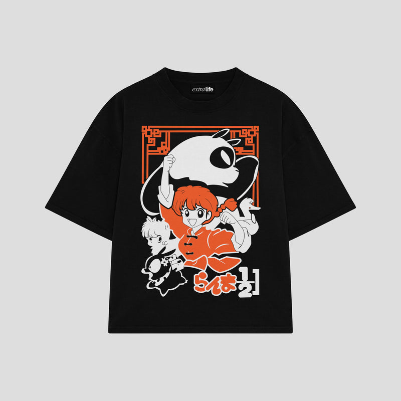 Playera streetwear premium de anime y gaming ExtraLife MX, corte boxy oversized drop shoulder heavyweight en color Deep Black y Off-White, moda urbana mexicana de culto.