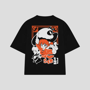 Playera streetwear premium de anime y gaming ExtraLife MX, corte boxy oversized drop shoulder heavyweight en color Deep Black y Off-White, moda urbana mexicana de culto.