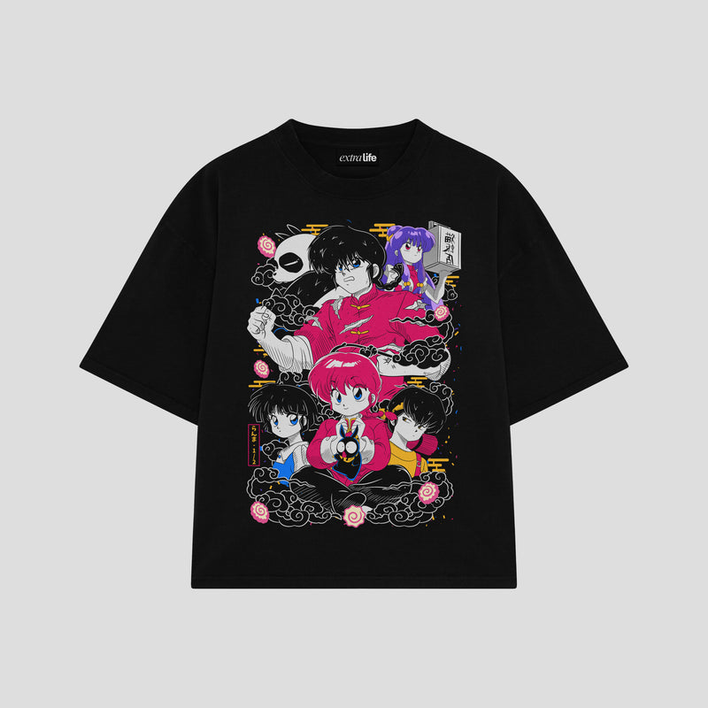 Playera streetwear premium de anime y gaming ExtraLife MX, corte boxy oversized drop shoulder heavyweight en color Deep Black y Off-White, moda urbana mexicana de culto.