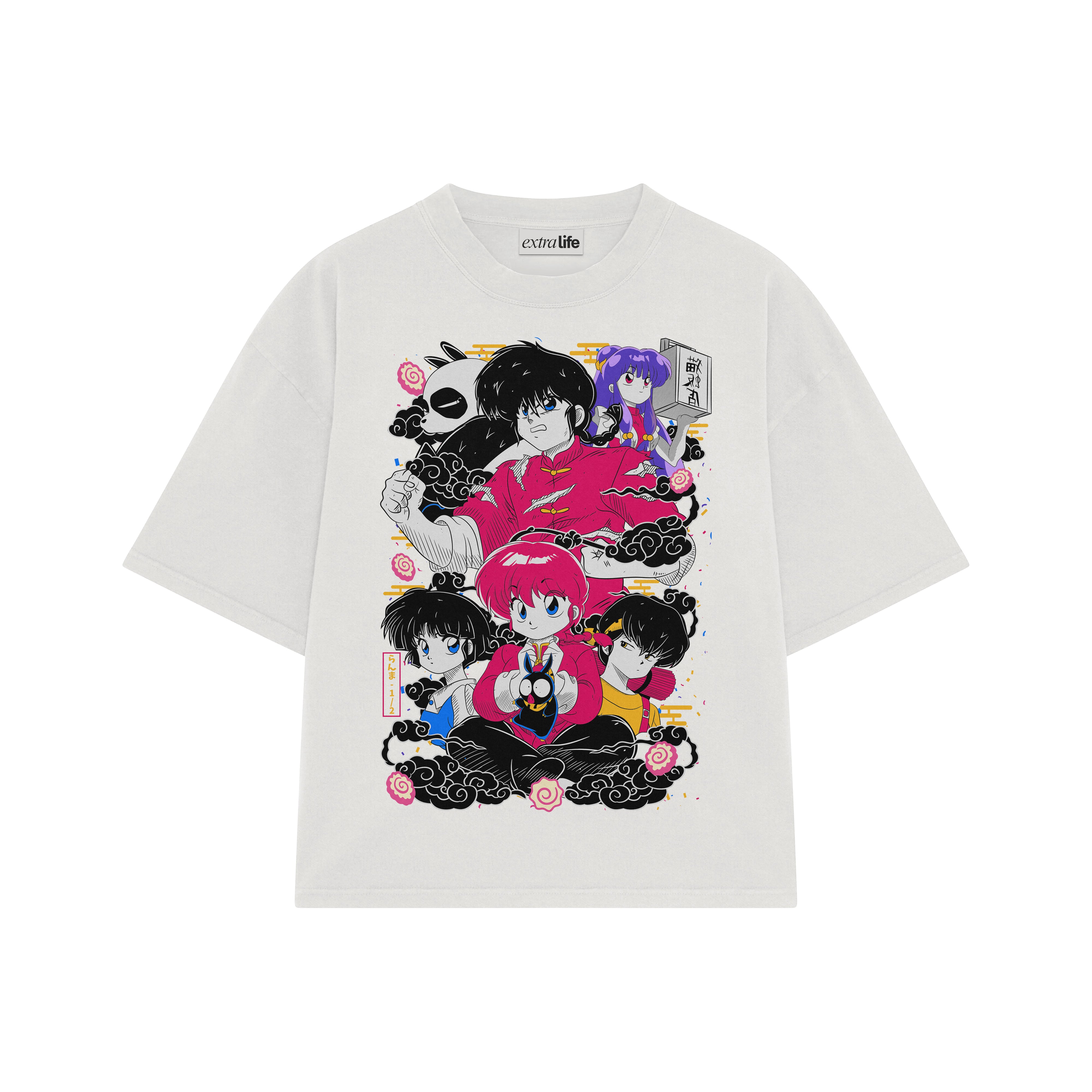 Playera streetwear premium de anime y gaming ExtraLife MX, corte boxy oversized drop shoulder heavyweight en color Deep Black y Off-White, moda urbana mexicana de culto.