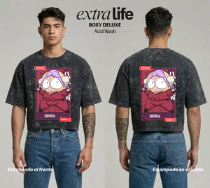 Playera streetwear premium de anime y gaming ExtraLife MX, corte boxy deluxe mineral wash heavyweight en color Acid Wash, moda urbana mexicana de culto.
