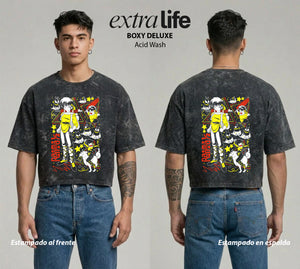 Playera streetwear premium de anime y gaming ExtraLife MX, corte boxy deluxe mineral wash heavyweight en color Acid Wash, moda urbana mexicana de culto.