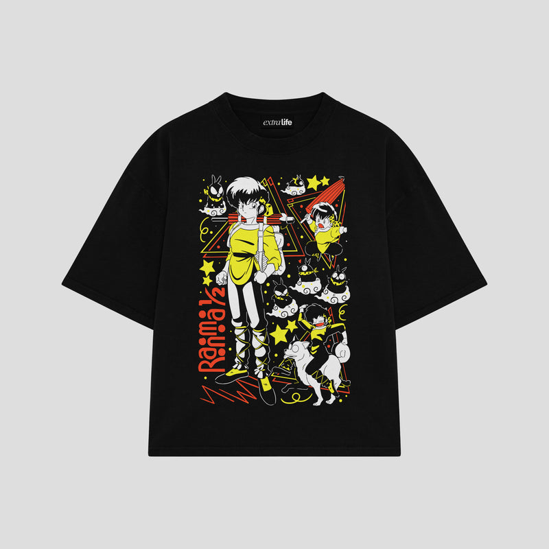 Playera streetwear premium de anime y gaming ExtraLife MX, corte boxy oversized drop shoulder heavyweight en color Deep Black y Off-White, moda urbana mexicana de culto.