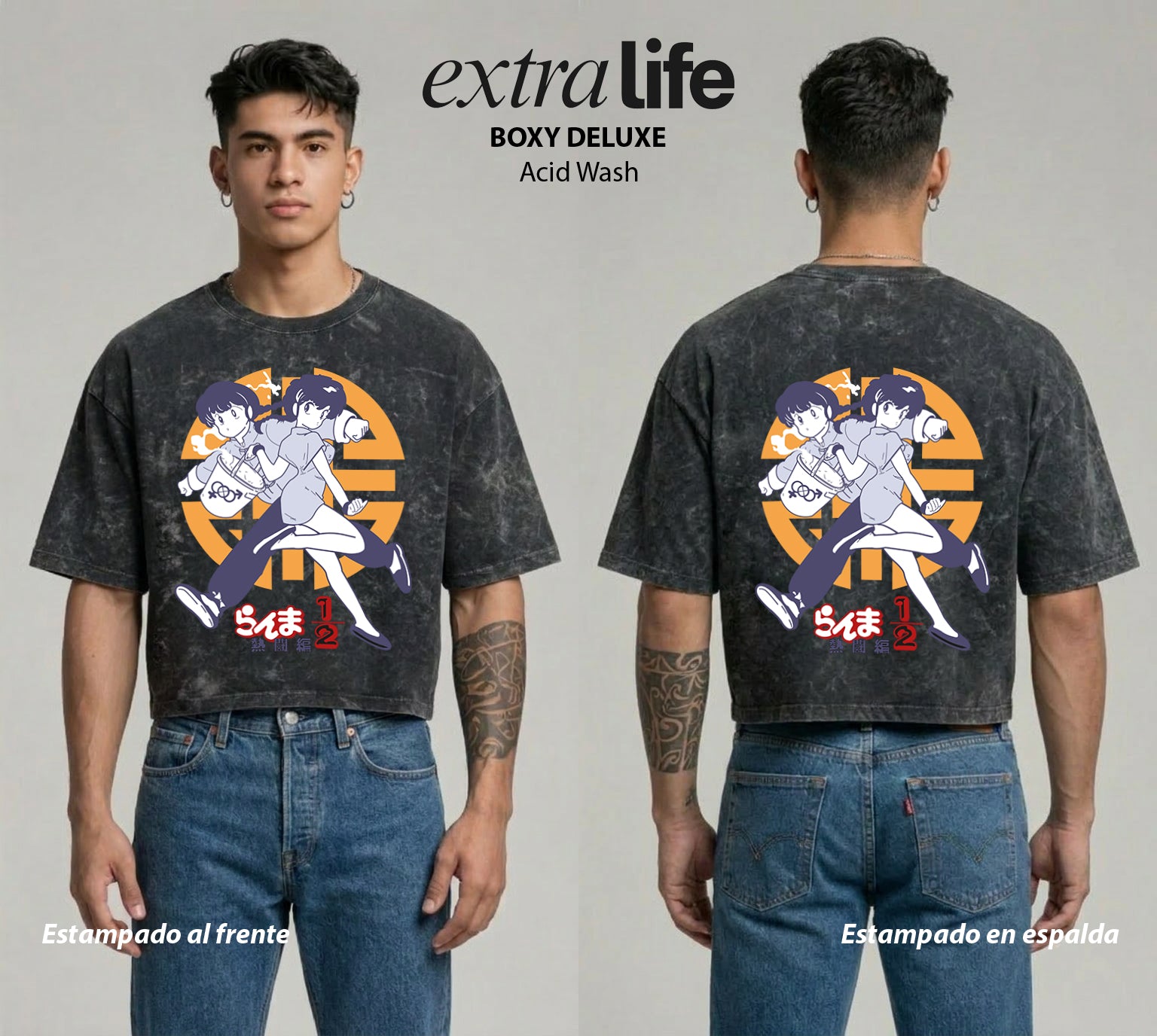 Playera streetwear premium de anime y gaming ExtraLife MX, corte boxy deluxe mineral wash heavyweight en color Acid Wash, moda urbana mexicana de culto.