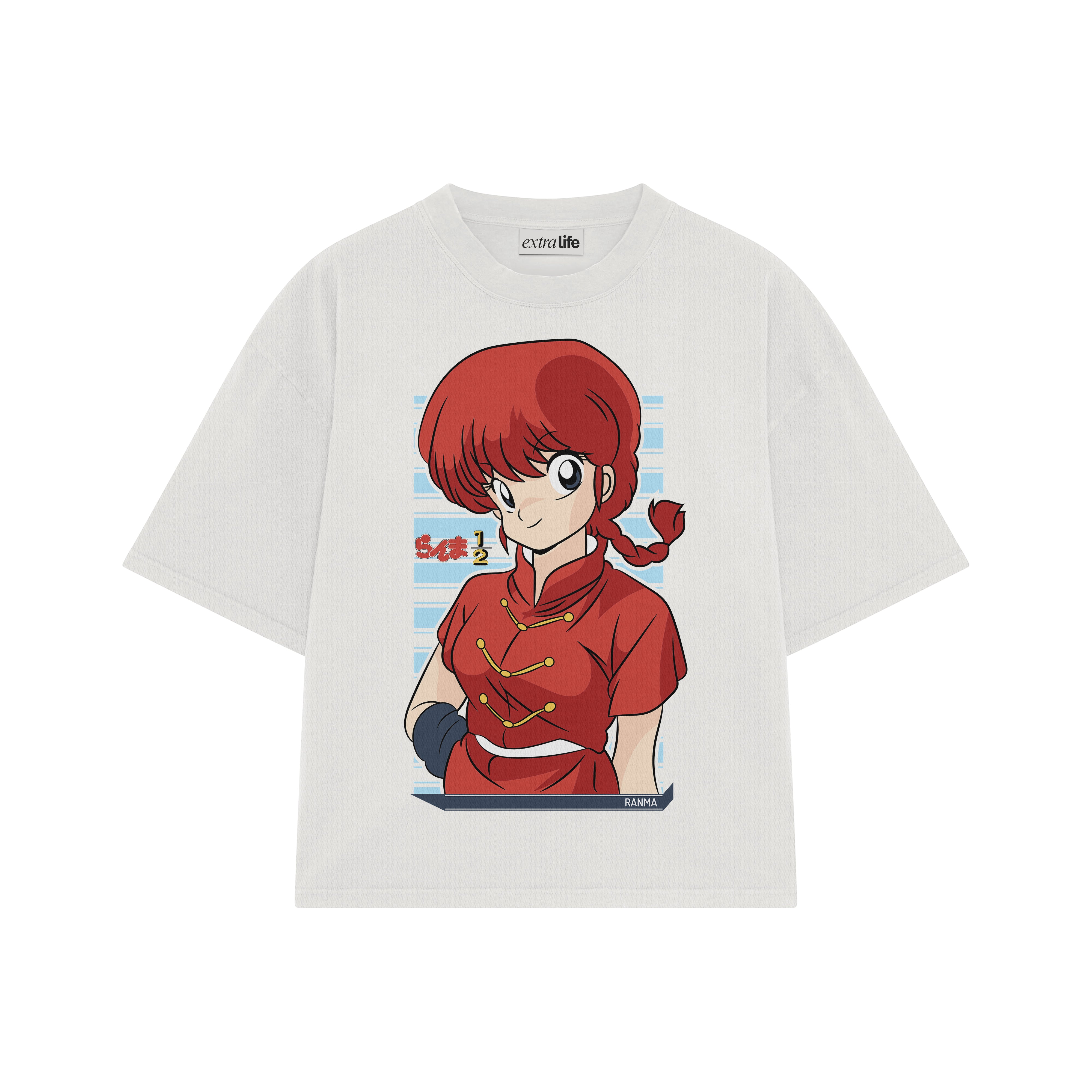 Playera streetwear premium de anime y gaming ExtraLife MX, corte boxy oversized drop shoulder heavyweight en color Deep Black y Off-White, moda urbana mexicana de culto.