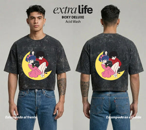 Playera streetwear premium de anime y gaming ExtraLife MX, corte boxy deluxe mineral wash heavyweight en color Acid Wash, moda urbana mexicana de culto.