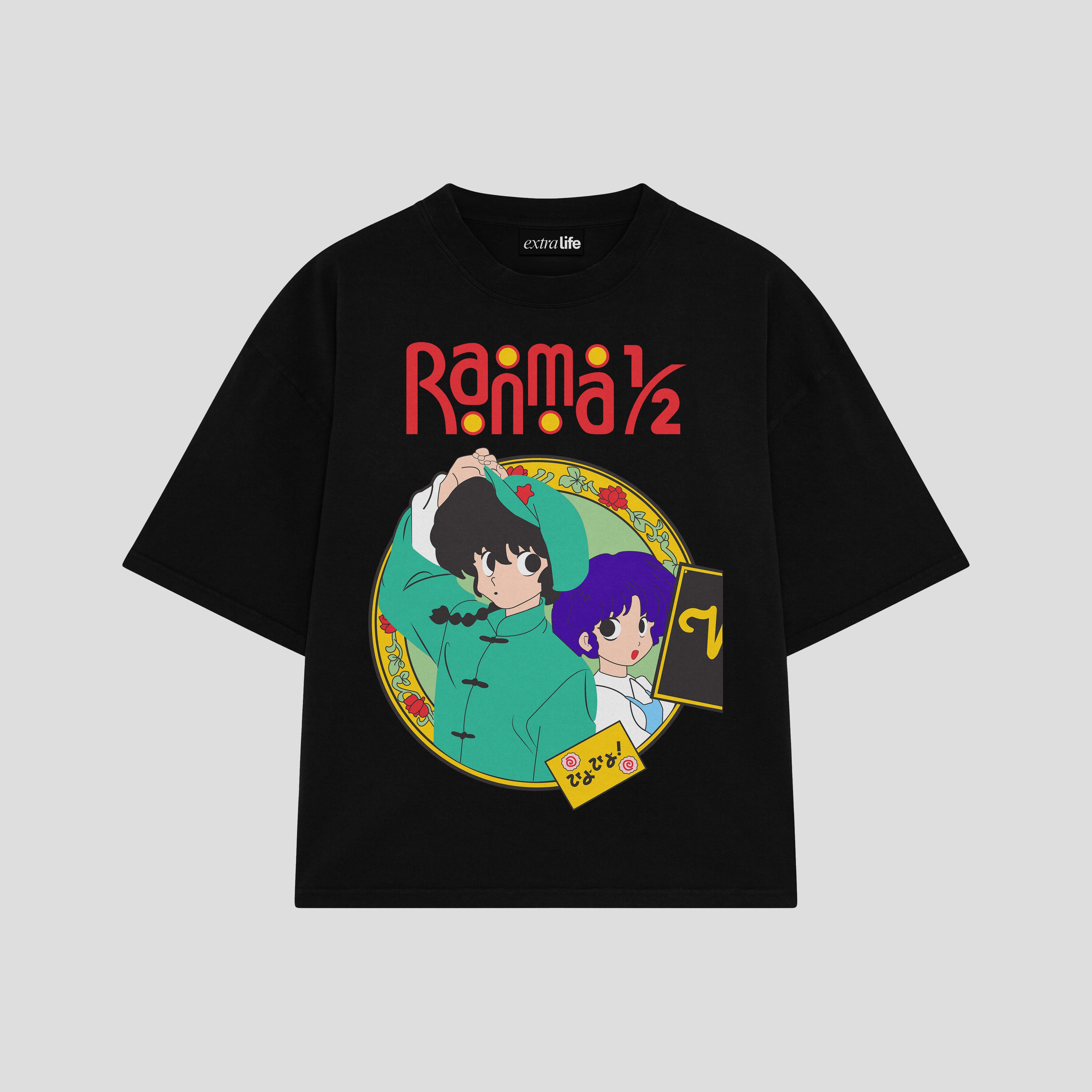 Playera streetwear premium de anime y gaming ExtraLife MX, corte boxy oversized drop shoulder heavyweight en color Deep Black y Off-White, moda urbana mexicana de culto.