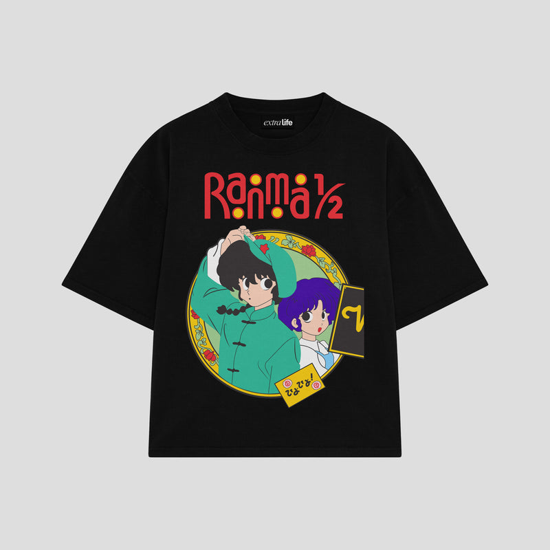 Playera streetwear premium de anime y gaming ExtraLife MX, corte boxy oversized drop shoulder heavyweight en color Deep Black y Off-White, moda urbana mexicana de culto.