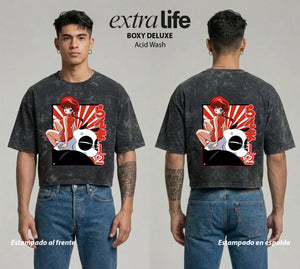 Playera streetwear premium de anime y gaming ExtraLife MX, corte boxy deluxe mineral wash heavyweight en color Acid Wash, moda urbana mexicana de culto.