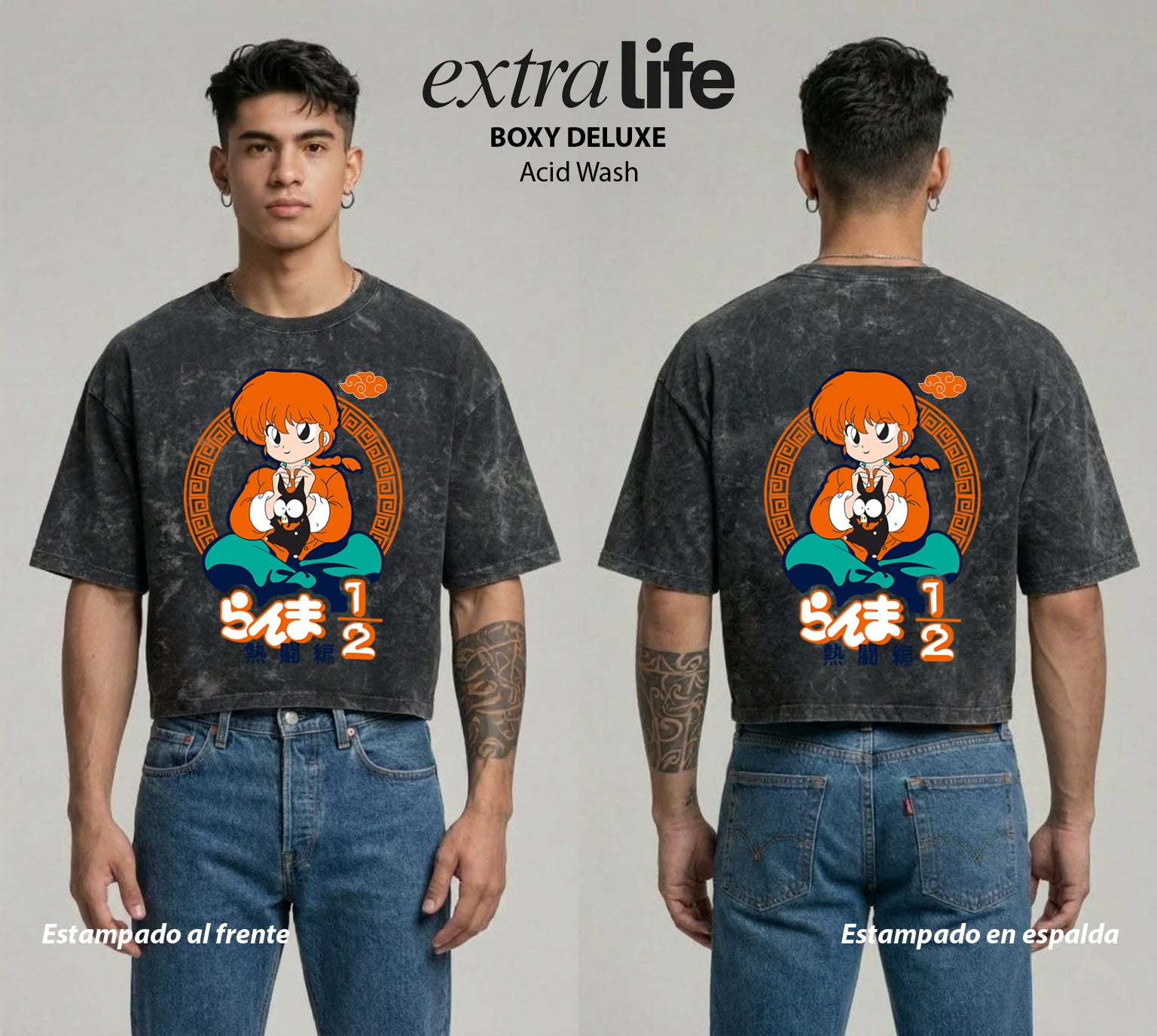 Playera streetwear premium de anime y gaming ExtraLife MX, corte boxy deluxe mineral wash heavyweight en color Acid Wash, moda urbana mexicana de culto.