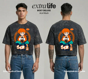 Playera streetwear premium de anime y gaming ExtraLife MX, corte boxy deluxe mineral wash heavyweight en color Acid Wash, moda urbana mexicana de culto.