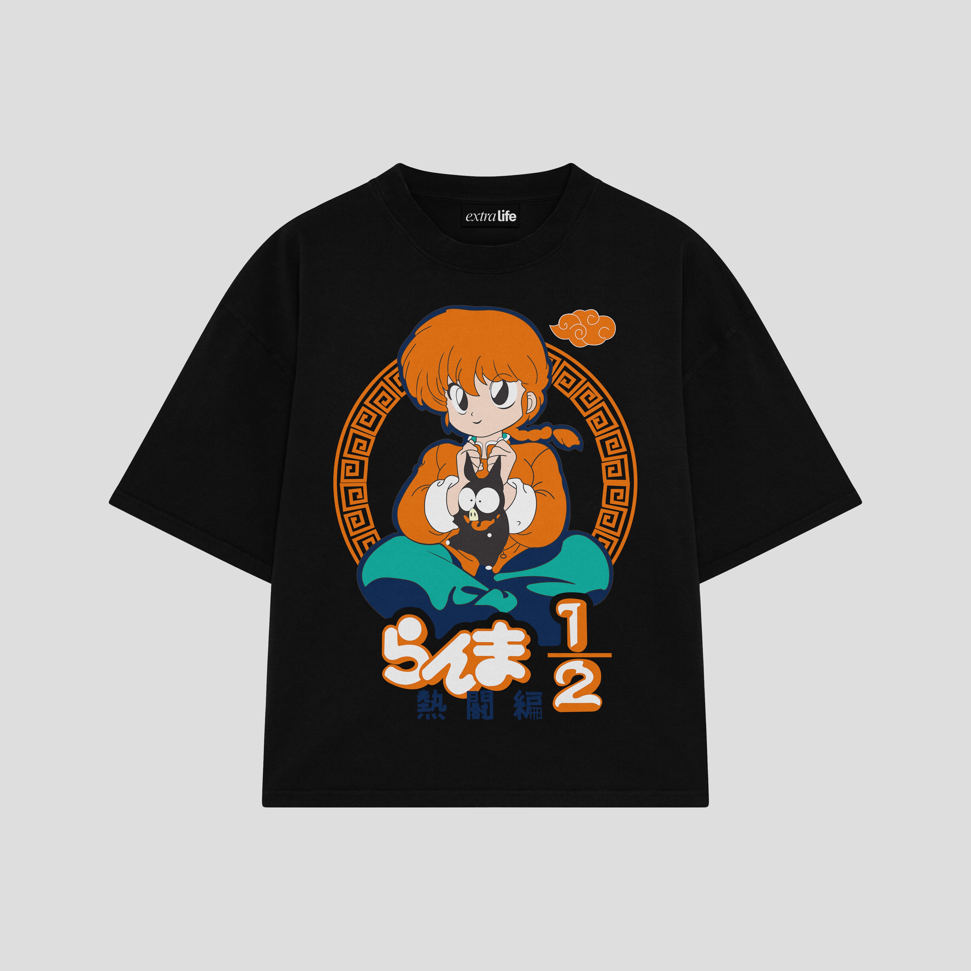 Playera streetwear premium de anime y gaming ExtraLife MX, corte boxy oversized drop shoulder heavyweight en color Deep Black y Off-White, moda urbana mexicana de culto.