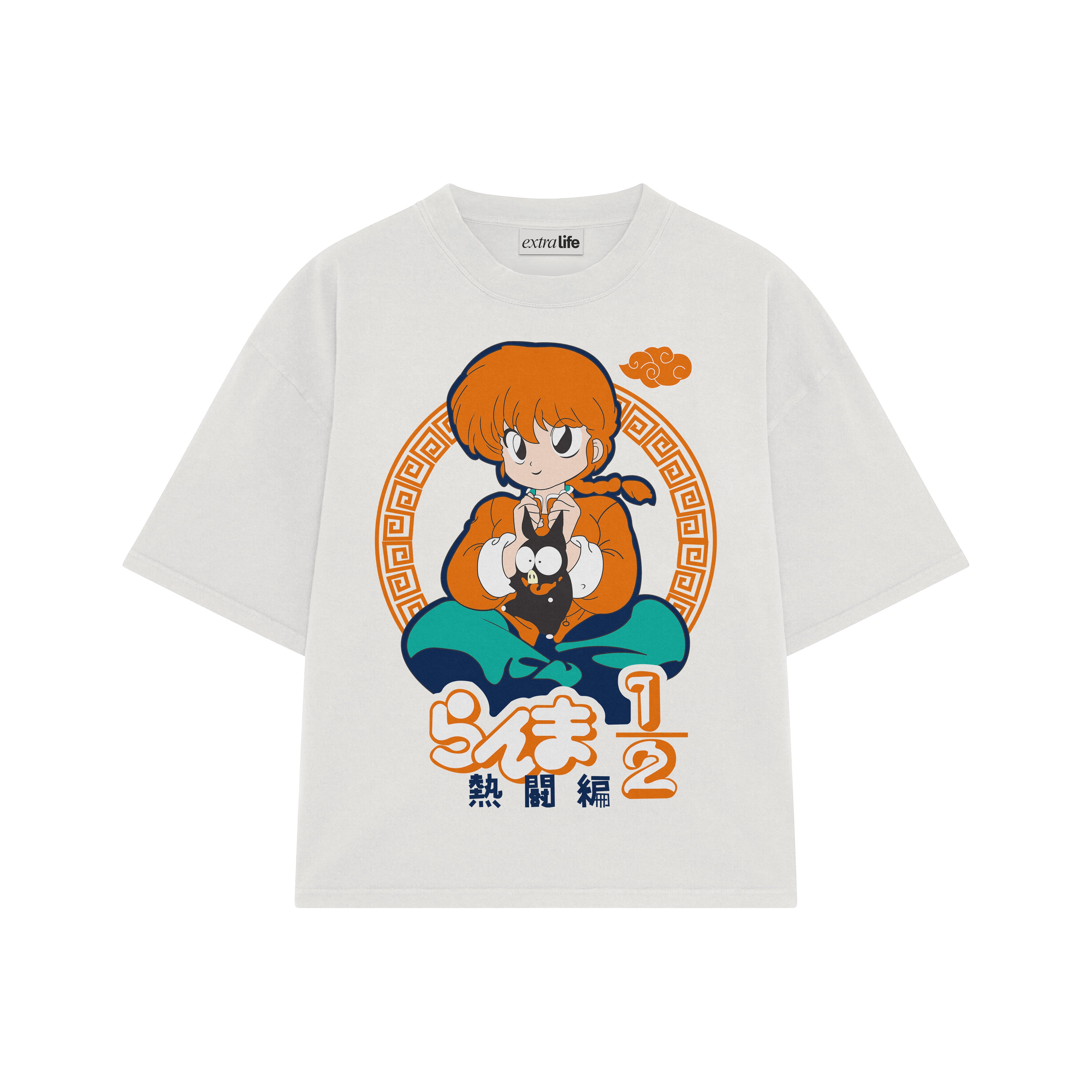 Playera streetwear premium de anime y gaming ExtraLife MX, corte boxy oversized drop shoulder heavyweight en color Deep Black y Off-White, moda urbana mexicana de culto.