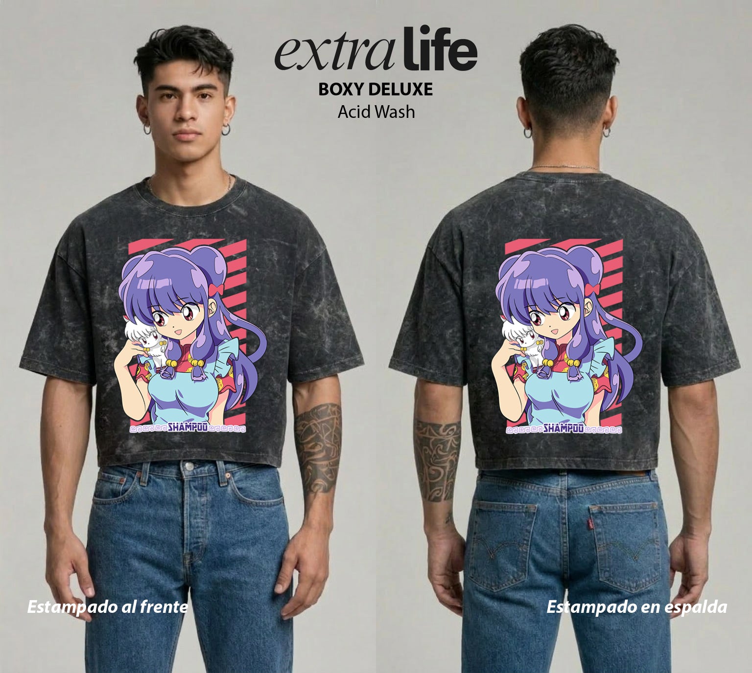 Playera streetwear premium de anime y gaming ExtraLife MX, corte boxy deluxe mineral wash heavyweight en color Acid Wash, moda urbana mexicana de culto.