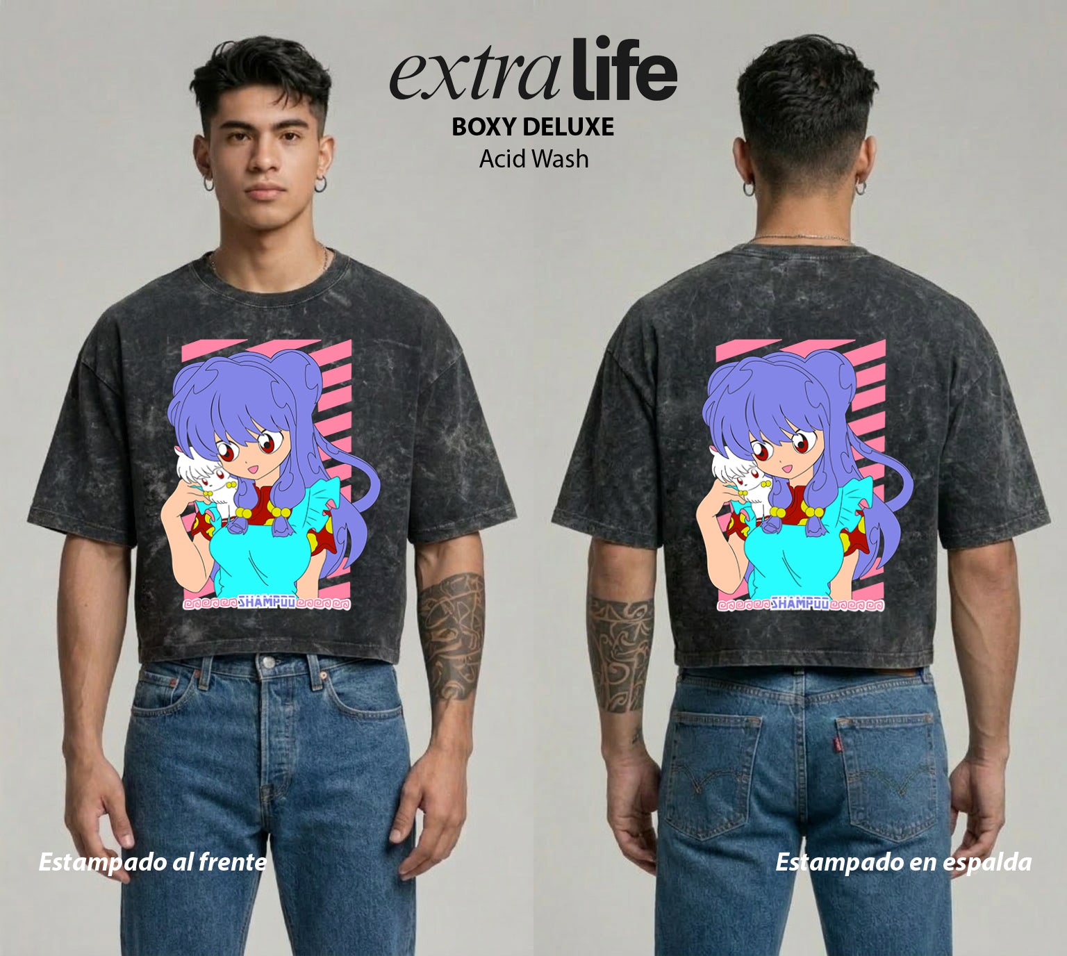 Playera streetwear premium de anime y gaming ExtraLife MX, corte boxy deluxe mineral wash heavyweight en color Acid Wash, moda urbana mexicana de culto.