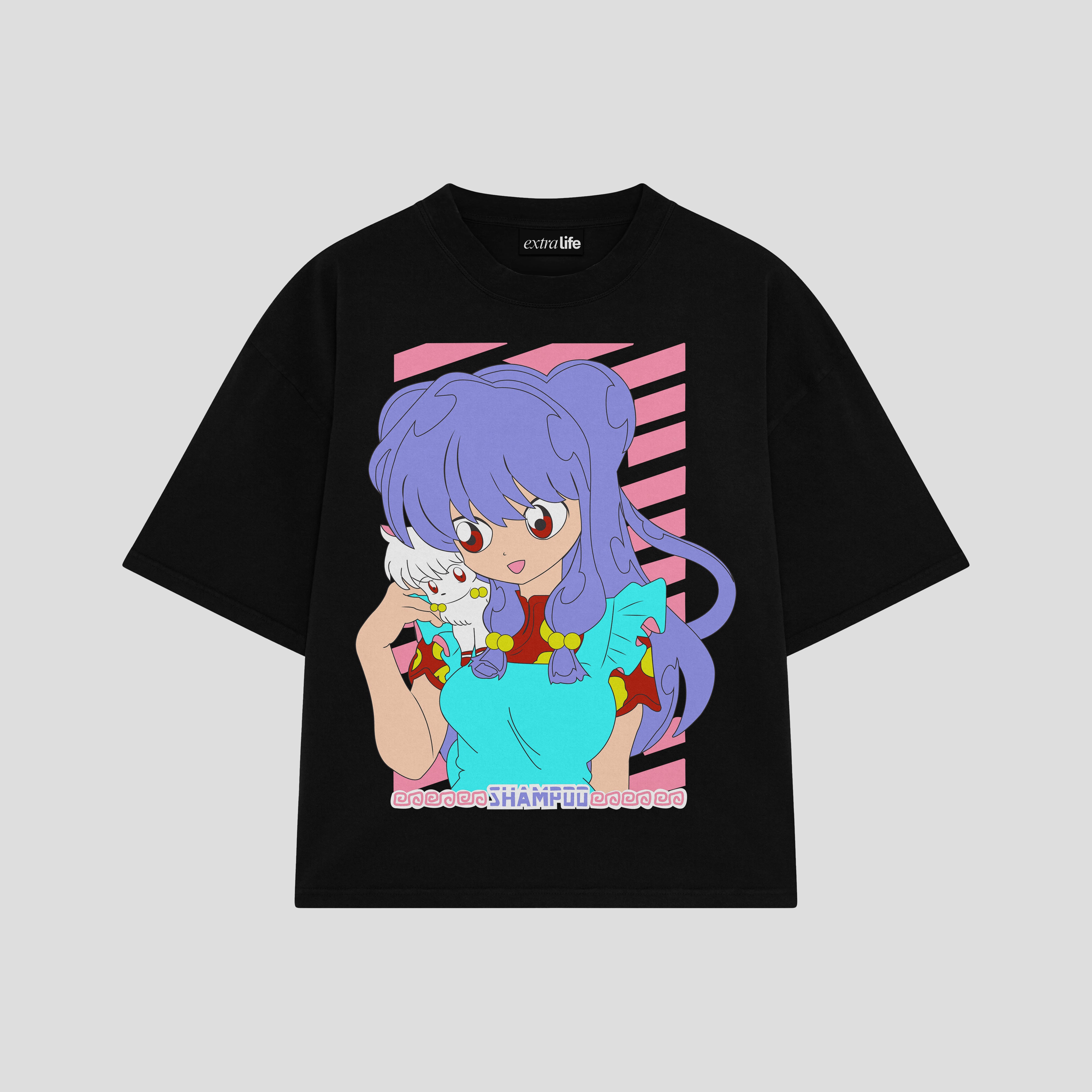 Playera streetwear premium de anime y gaming ExtraLife MX, corte boxy oversized drop shoulder heavyweight en color Deep Black y Off-White, moda urbana mexicana de culto.