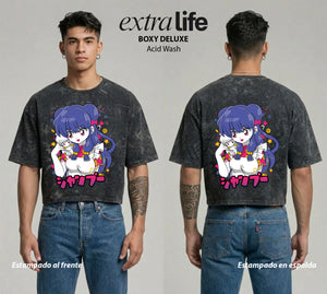Playera streetwear premium de anime y gaming ExtraLife MX, corte boxy deluxe mineral wash heavyweight en color Acid Wash, moda urbana mexicana de culto.