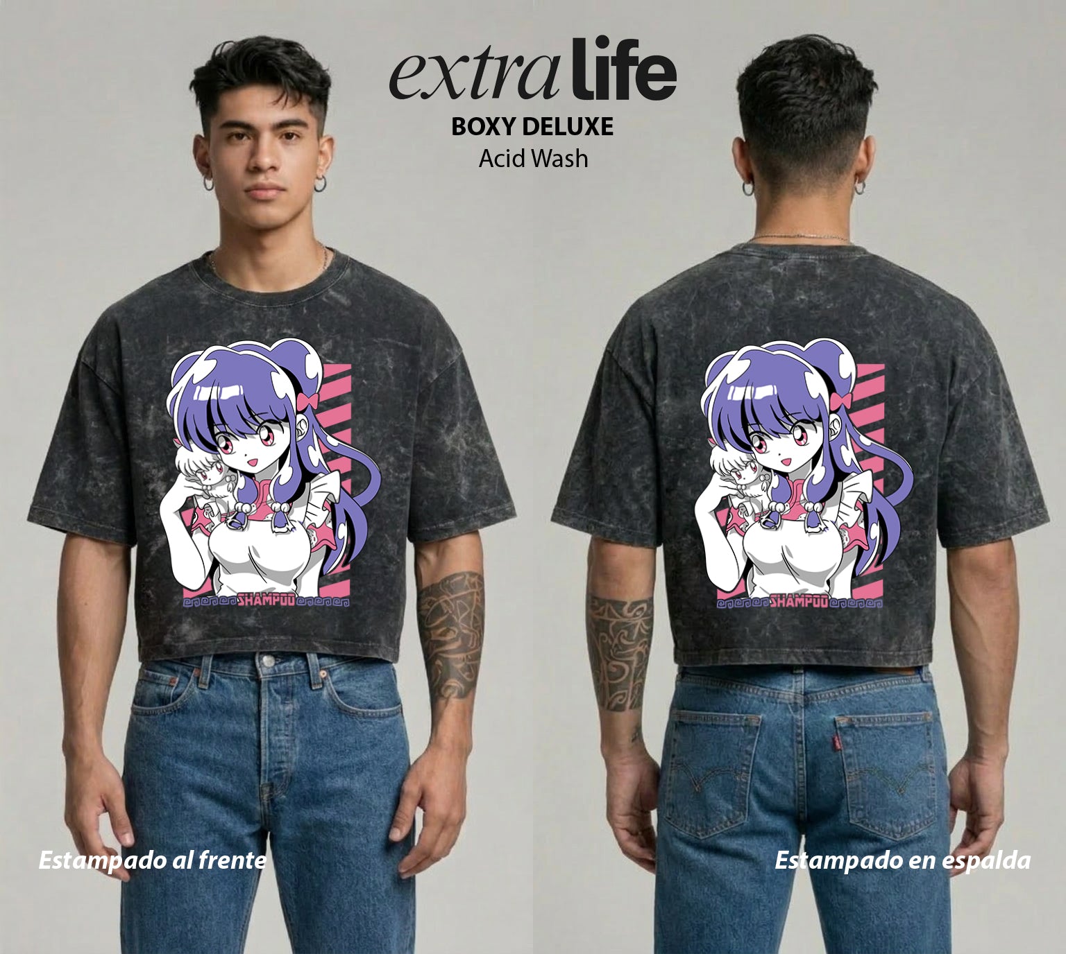 Playera streetwear premium de anime y gaming ExtraLife MX, corte boxy deluxe mineral wash heavyweight en color Acid Wash, moda urbana mexicana de culto.