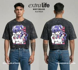 Playera streetwear premium de anime y gaming ExtraLife MX, corte boxy deluxe mineral wash heavyweight en color Acid Wash, moda urbana mexicana de culto.