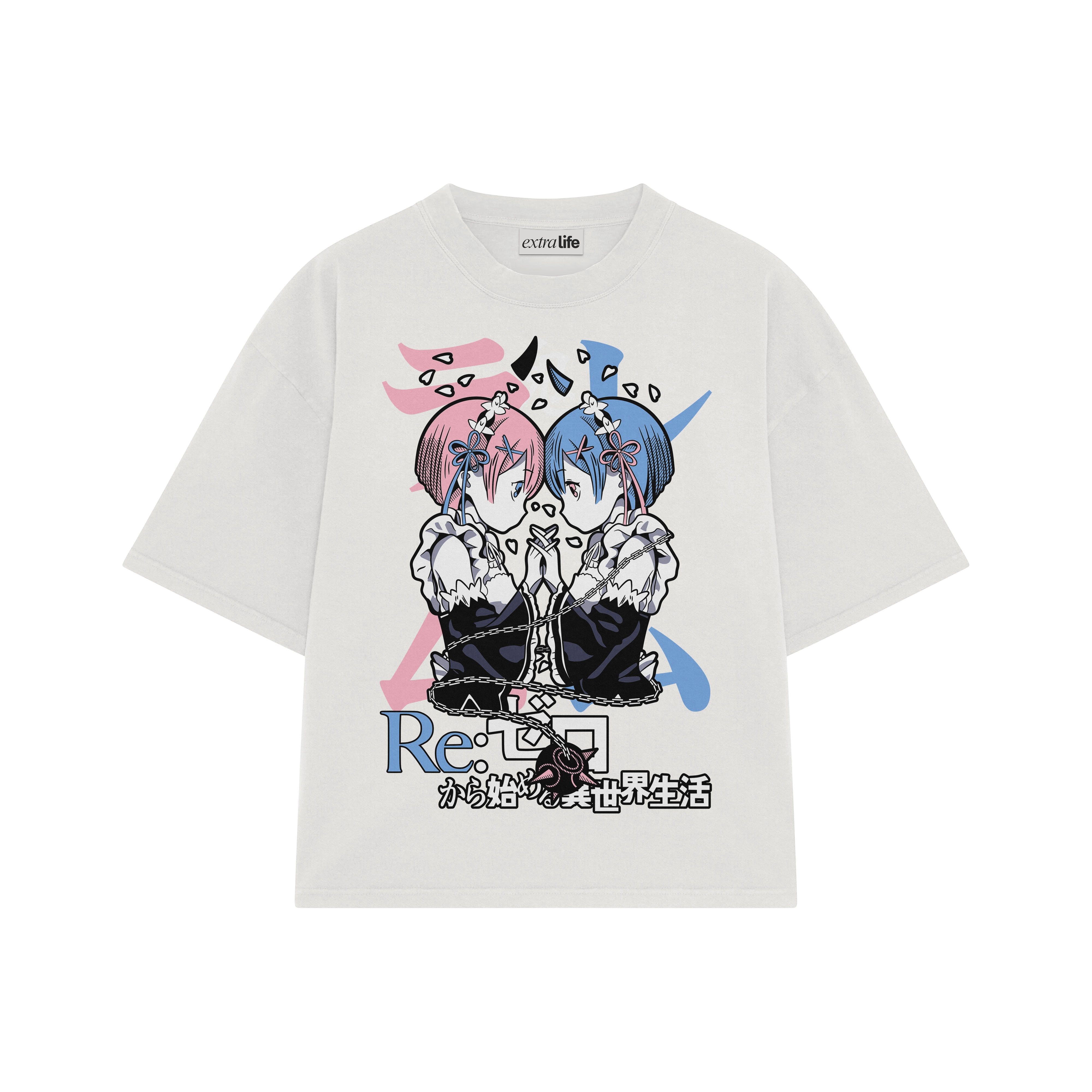 Playera streetwear premium de anime y gaming ExtraLife MX, corte boxy oversized drop shoulder heavyweight en color Deep Black y Off-White, moda urbana mexicana de culto.