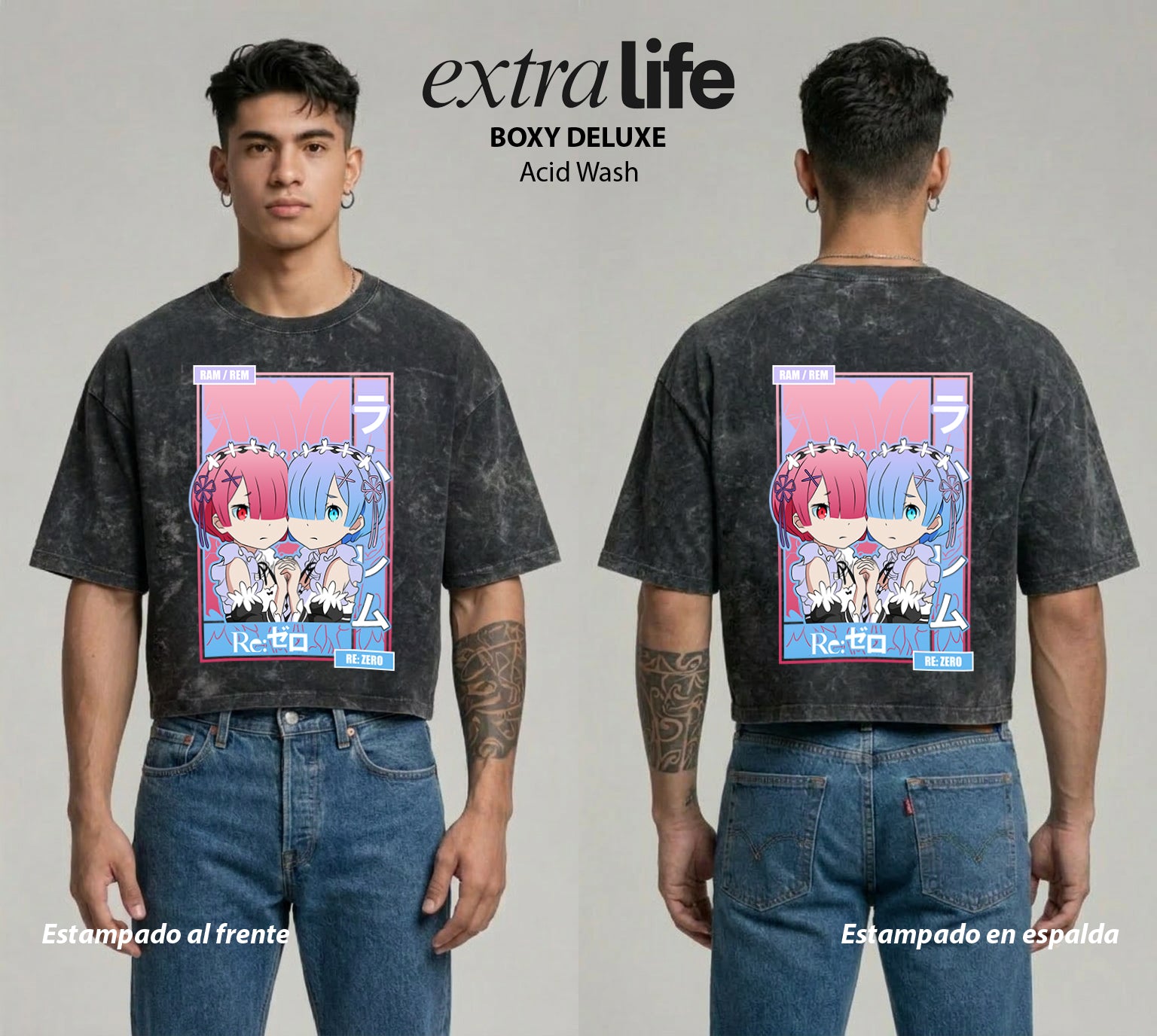 Playera streetwear premium de anime y gaming ExtraLife MX, corte boxy deluxe mineral wash heavyweight en color Acid Wash, moda urbana mexicana de culto.