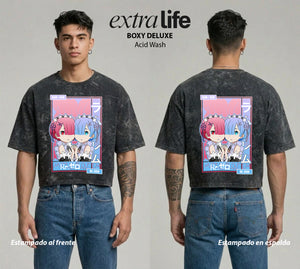 Playera streetwear premium de anime y gaming ExtraLife MX, corte boxy deluxe mineral wash heavyweight en color Acid Wash, moda urbana mexicana de culto.