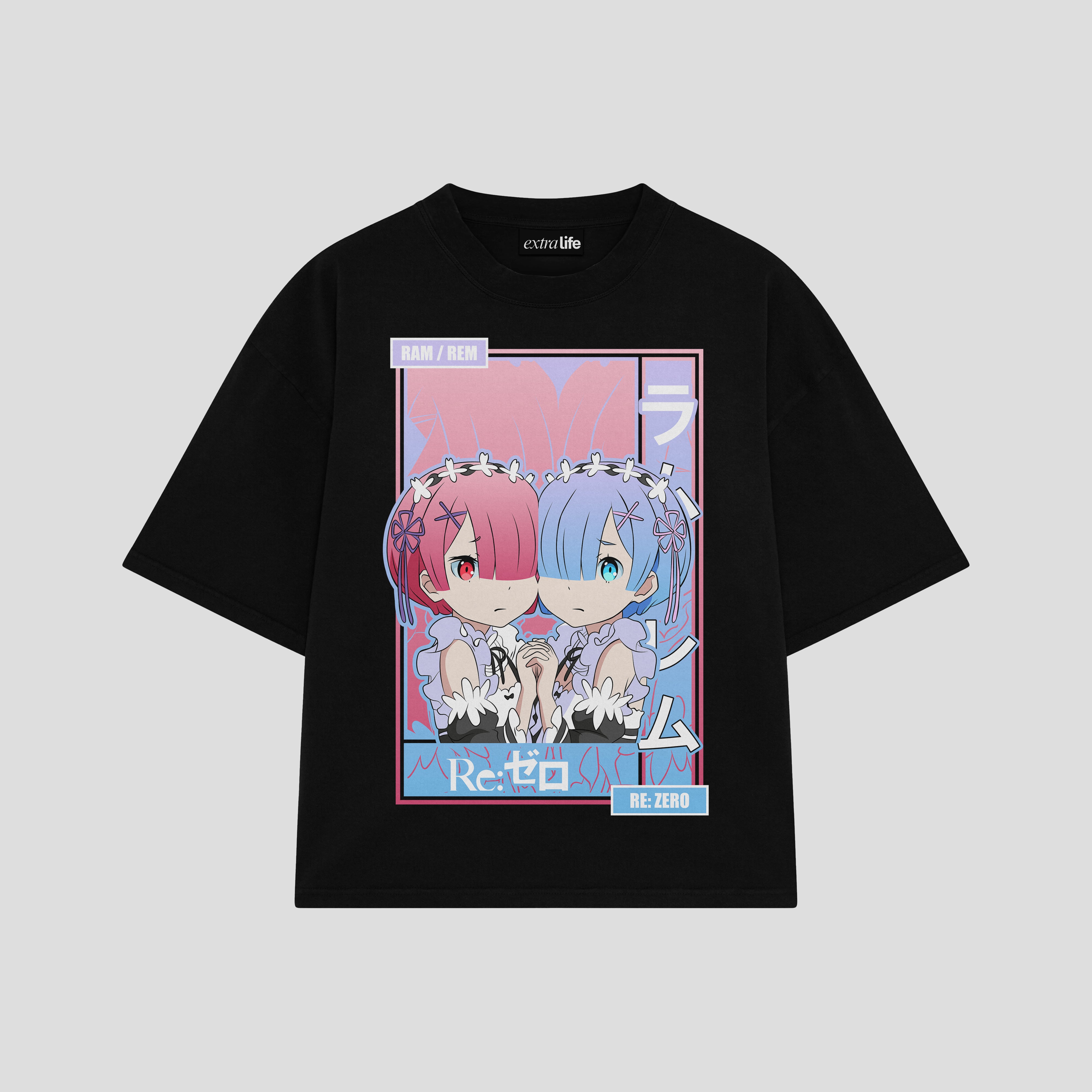 Playera streetwear premium de anime y gaming ExtraLife MX, corte boxy oversized drop shoulder heavyweight en color Deep Black y Off-White, moda urbana mexicana de culto.