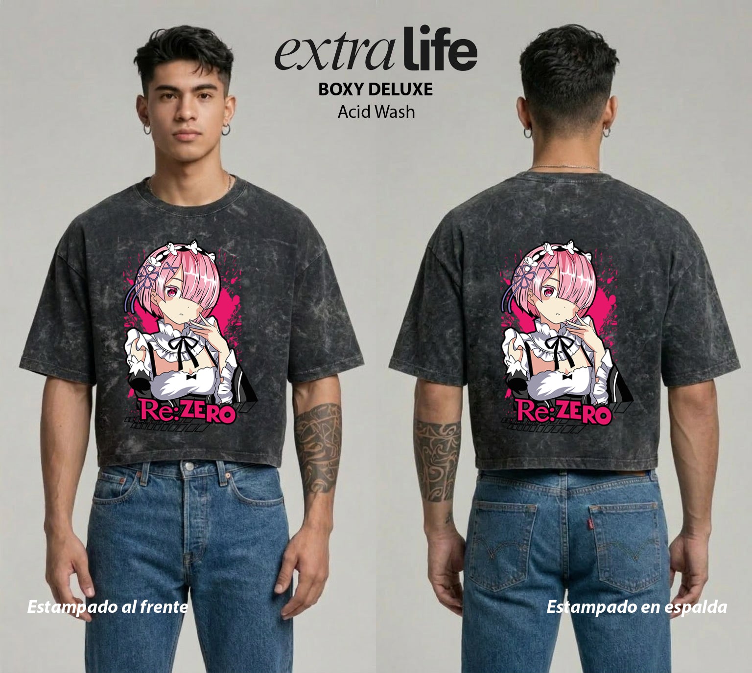 Playera streetwear premium de anime y gaming ExtraLife MX, corte boxy deluxe mineral wash heavyweight en color Acid Wash, moda urbana mexicana de culto.