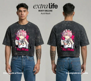 Playera streetwear premium de anime y gaming ExtraLife MX, corte boxy deluxe mineral wash heavyweight en color Acid Wash, moda urbana mexicana de culto.