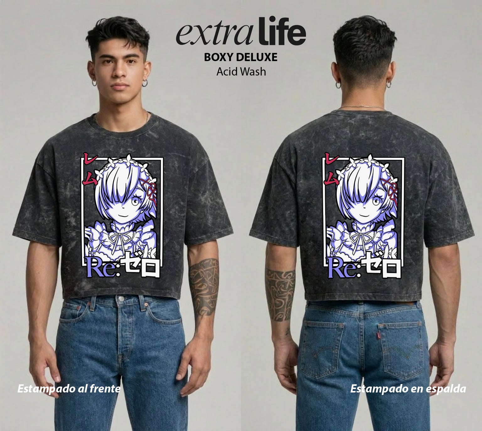 Playera streetwear premium de anime y gaming ExtraLife MX, corte boxy deluxe mineral wash heavyweight en color Acid Wash, moda urbana mexicana de culto.