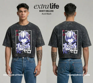 Playera streetwear premium de anime y gaming ExtraLife MX, corte boxy deluxe mineral wash heavyweight en color Acid Wash, moda urbana mexicana de culto.